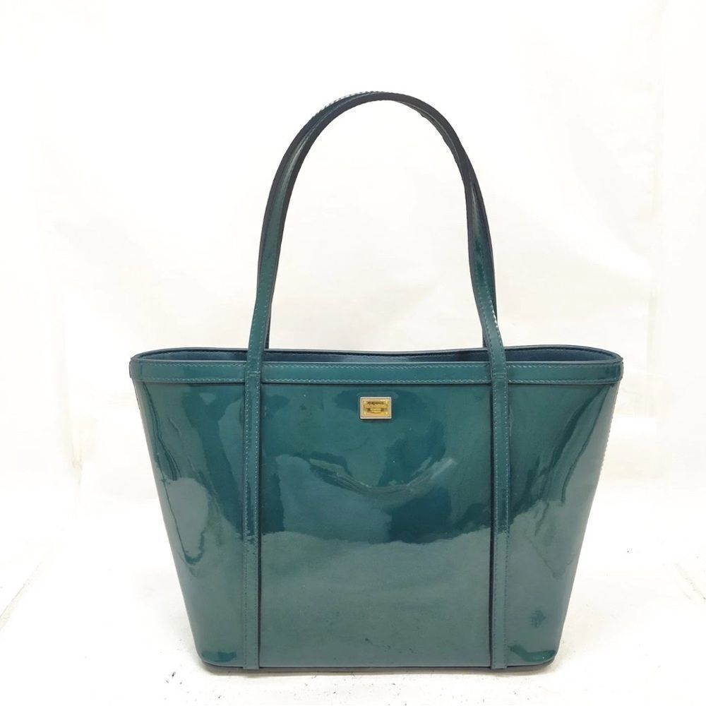 Auth Dolce & Gabbana Dark Green Enamel Patent Shopper Tote Bag Preloved Ex++